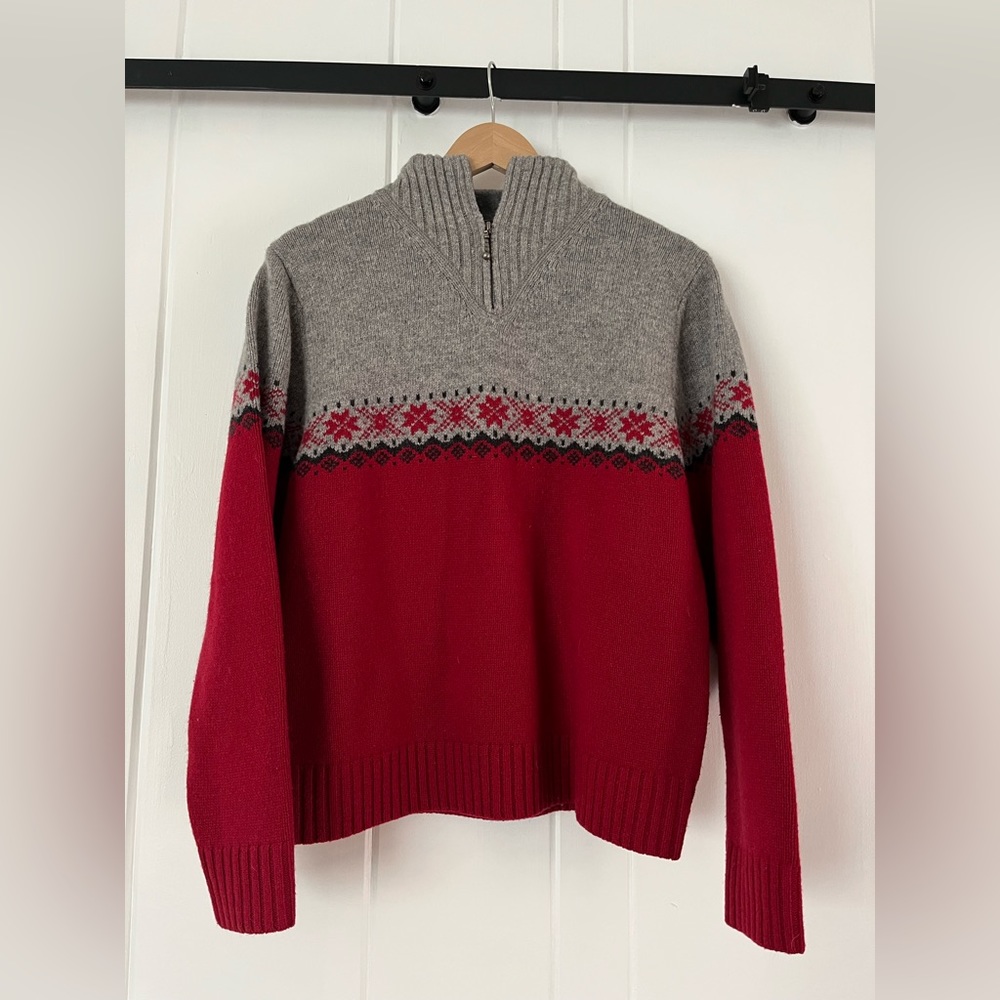 Woolrich 100% Lambswool Fair Isle Red Grey Quarter Zip Sweater Women's Large